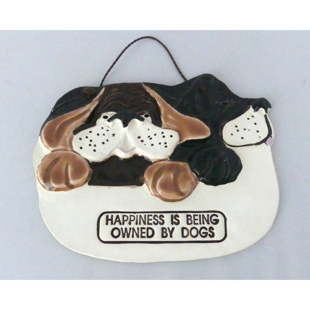 Smoky Mountain Pottery Wall Plaque 90's Funny Happiness Being Owned By Dogs Vtg